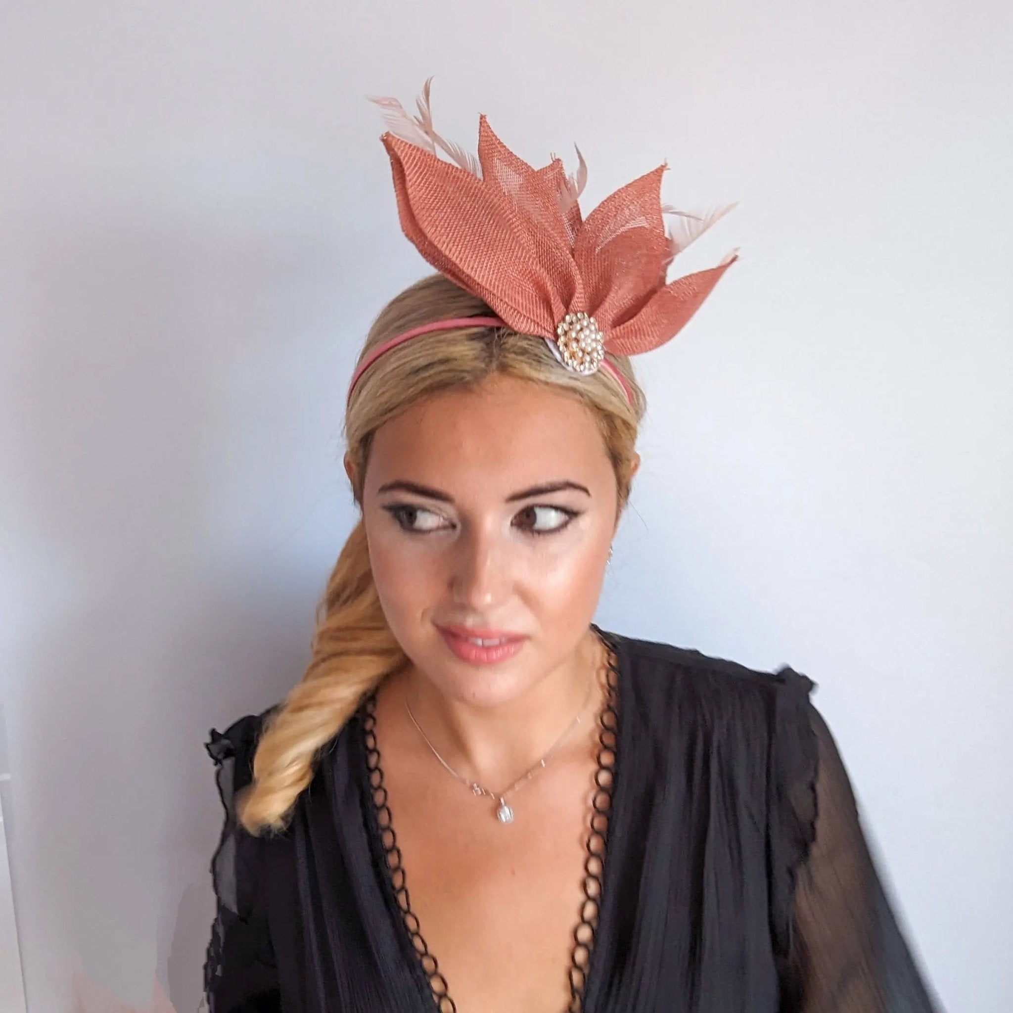 Terracotta dusty pink feather petal fan fascinator hat - House of Hats