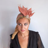 Terracotta dusty pink feather petal fan fascinator hat - House of Hats