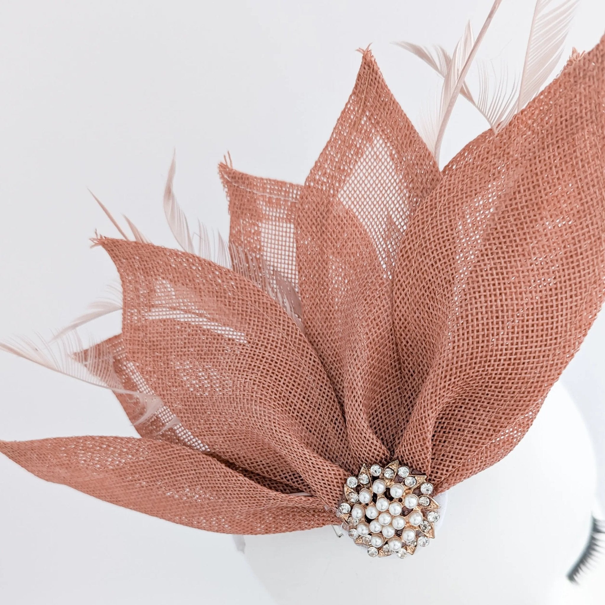 Terracotta dusty pink feather petal fan fascinator hat - House of Hats
