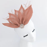 Terracotta dusty pink feather petal fan fascinator hat - House of Hats