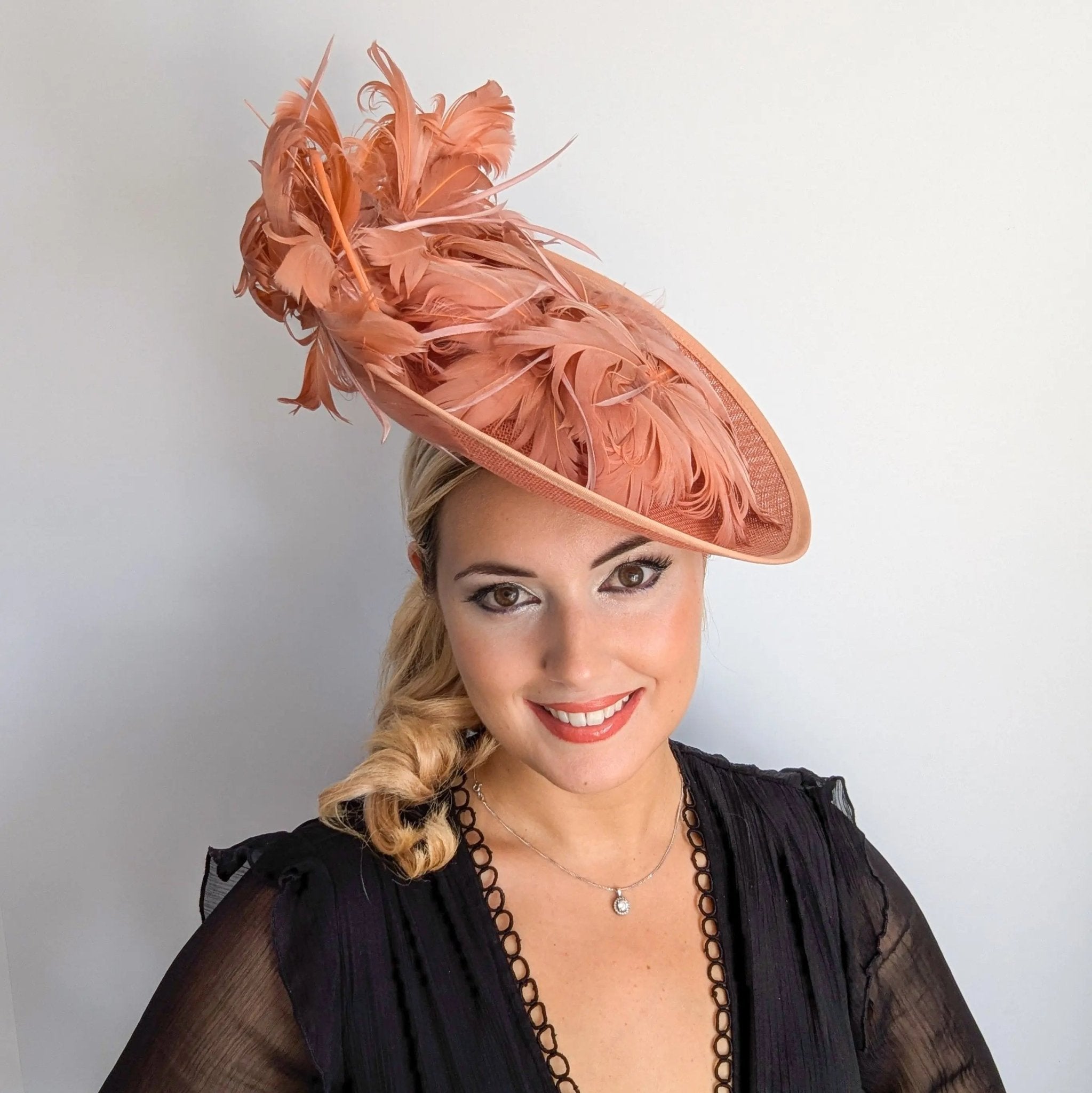 Terracotta dusty pink large feather saucer disc fascinator hat - House of Hats