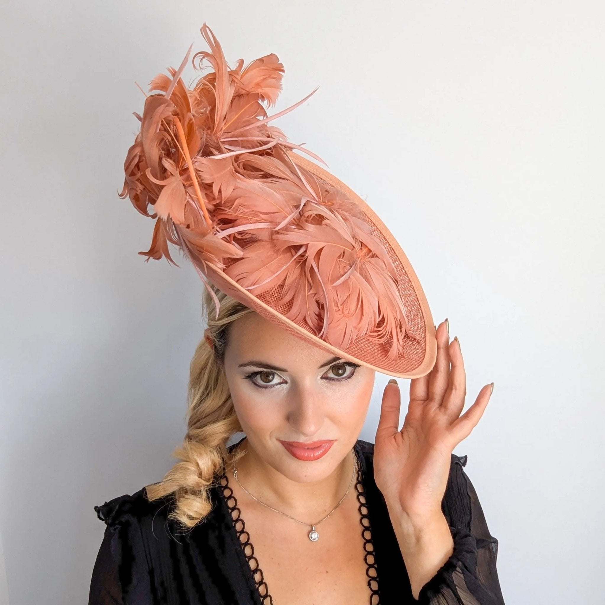 Terracotta dusty pink large feather saucer disc fascinator hat - House of Hats