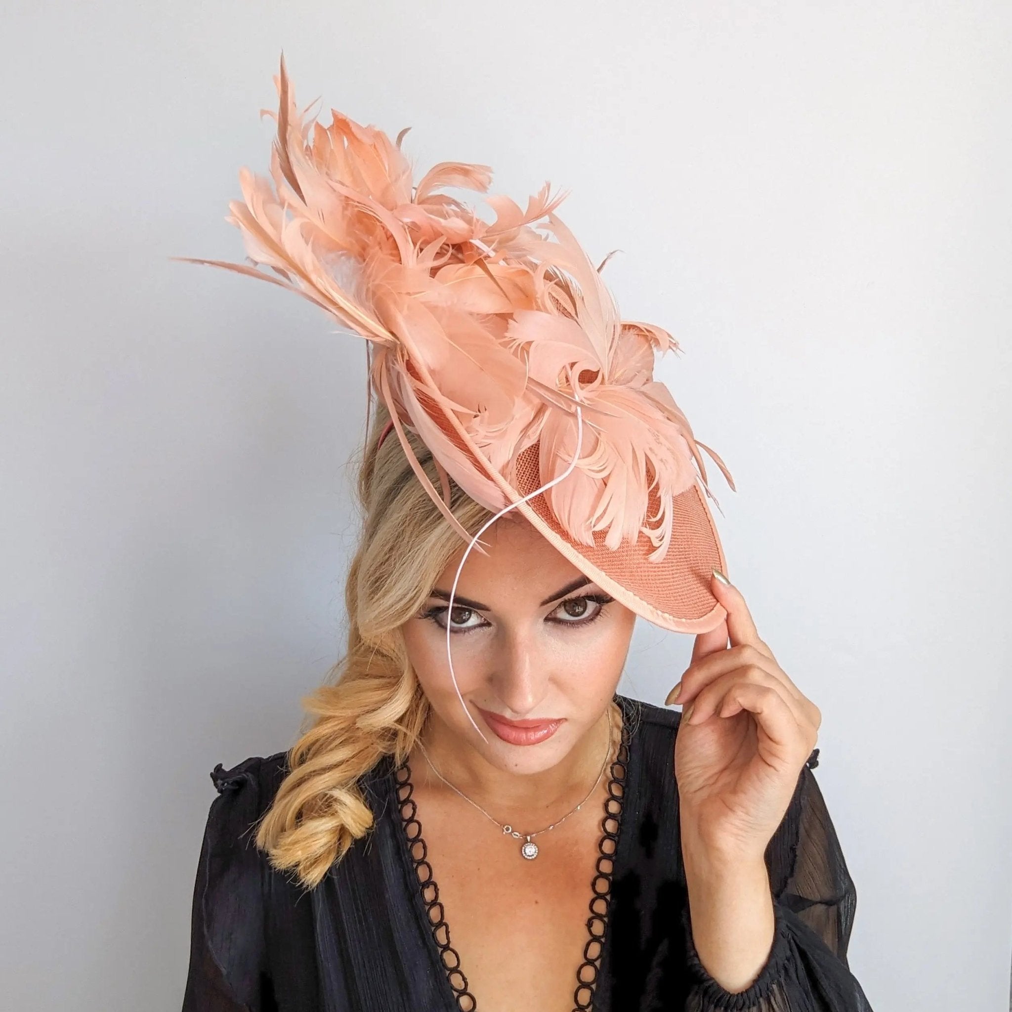 Terracotta dusty pink large feather saucer disc fascinator hat - House of Hats