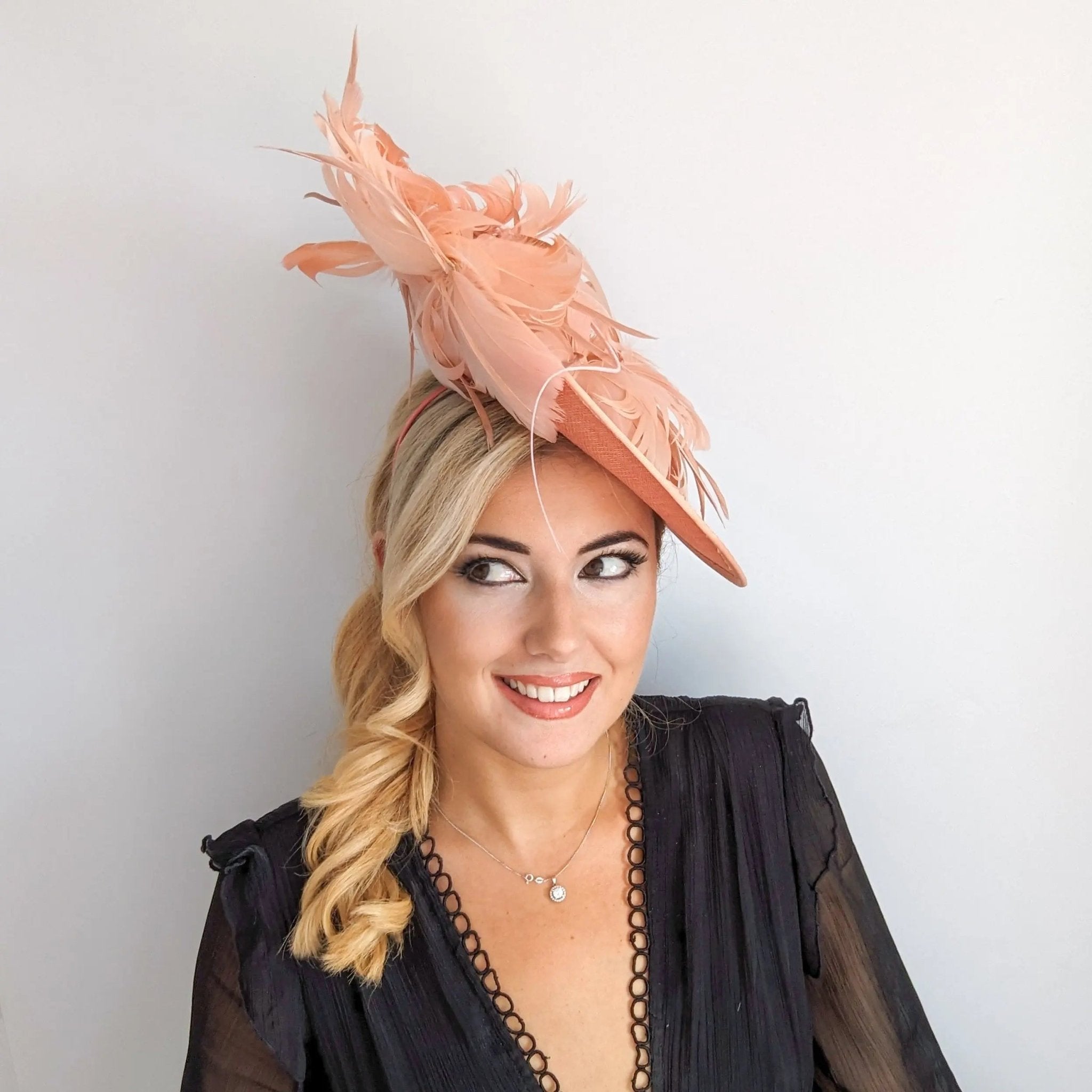 Terracotta dusty pink large feather saucer disc fascinator hat - House of Hats
