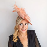Terracotta dusty pink large feather saucer disc fascinator hat - House of Hats