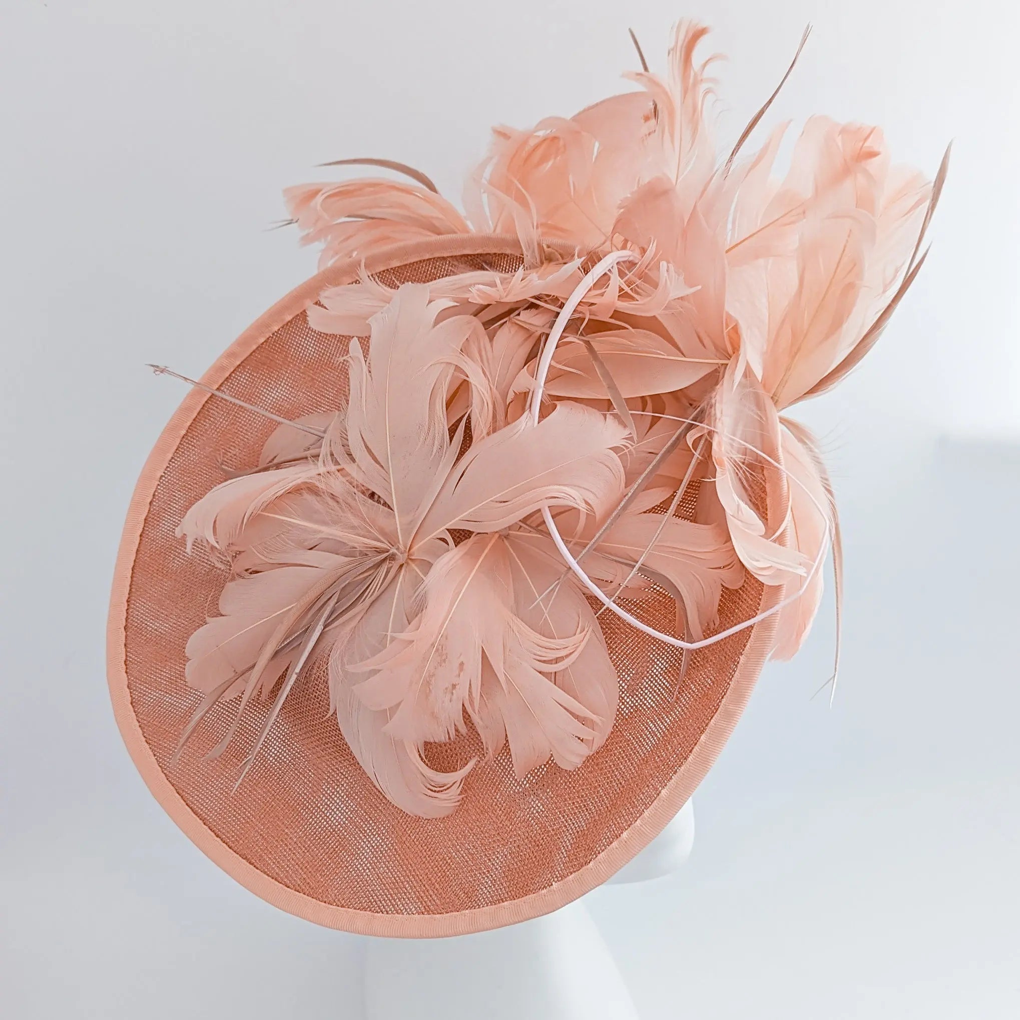 Terracotta dusty pink large feather saucer disc fascinator hat - House of Hats
