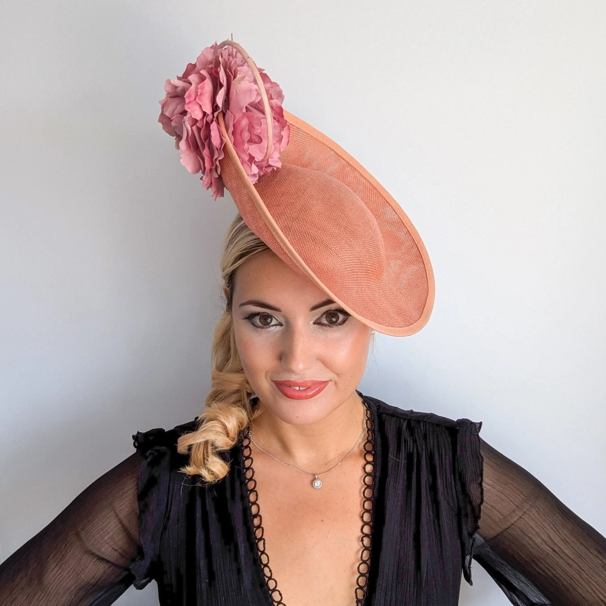 Terracotta dusty pink large flower saucer disc fascinator hat - House of Hats