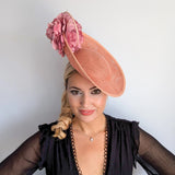 Terracotta dusty pink large flower saucer disc fascinator hat - House of Hats