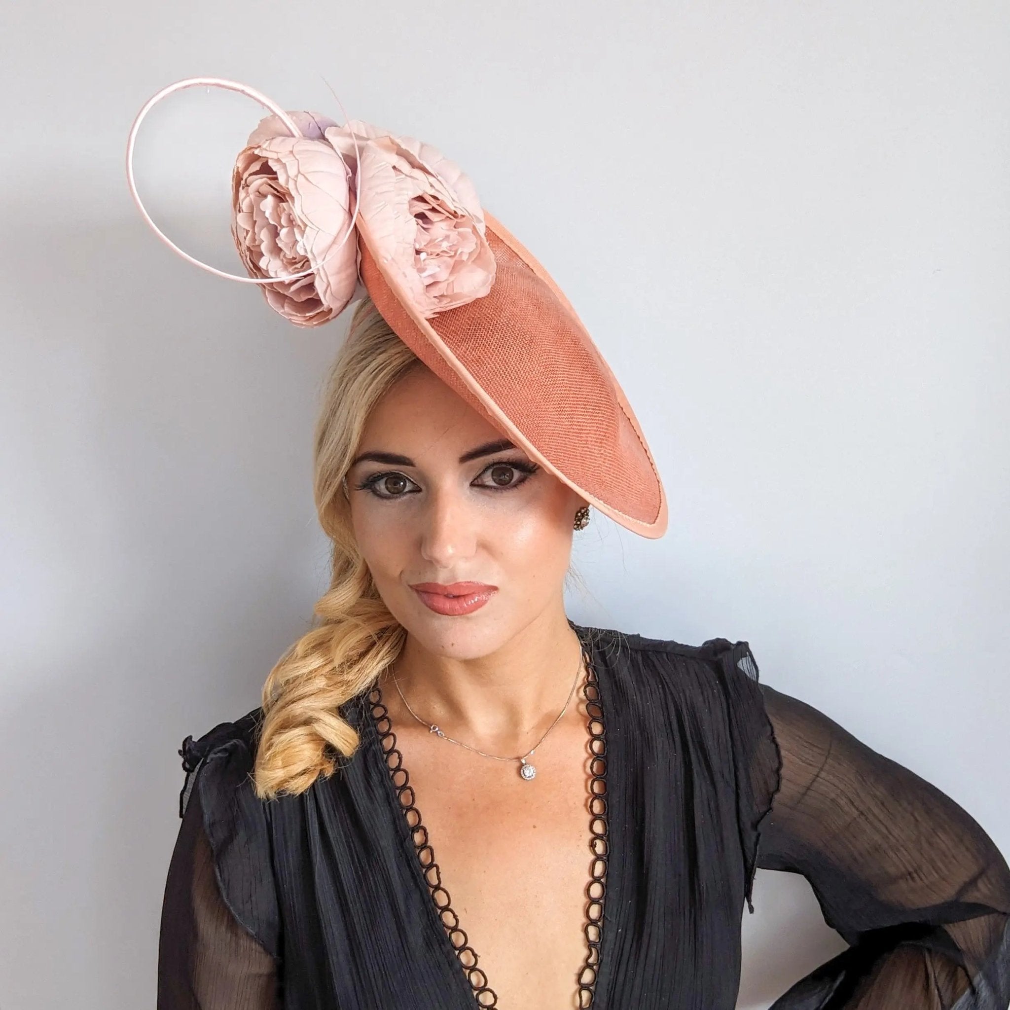 Terracotta dusty pink large flower saucer disc fascinator hat - House of Hats