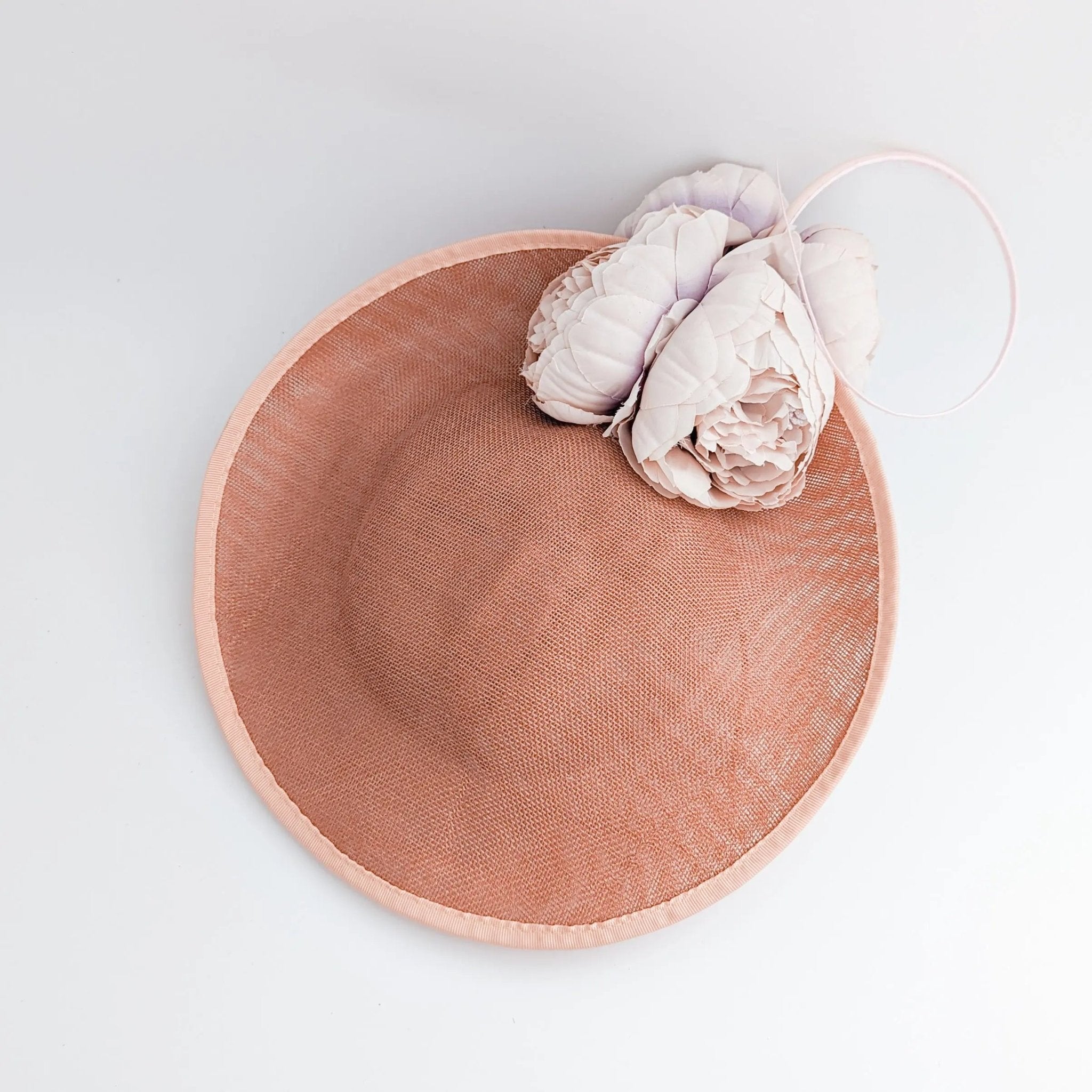 Terracotta dusty pink large flower saucer disc fascinator hat - House of Hats