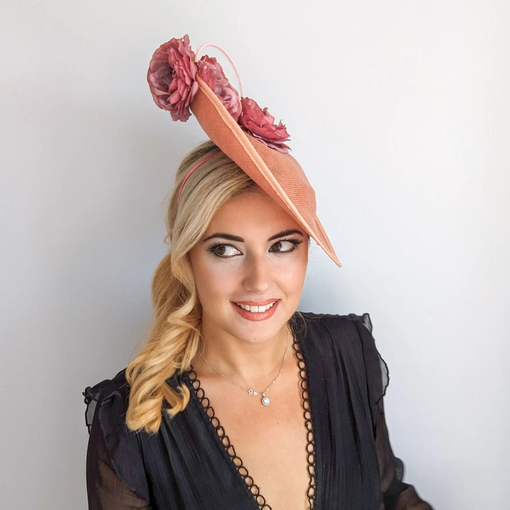 Terracotta dusty pink large flower saucer disc fascinator hat - House of Hats