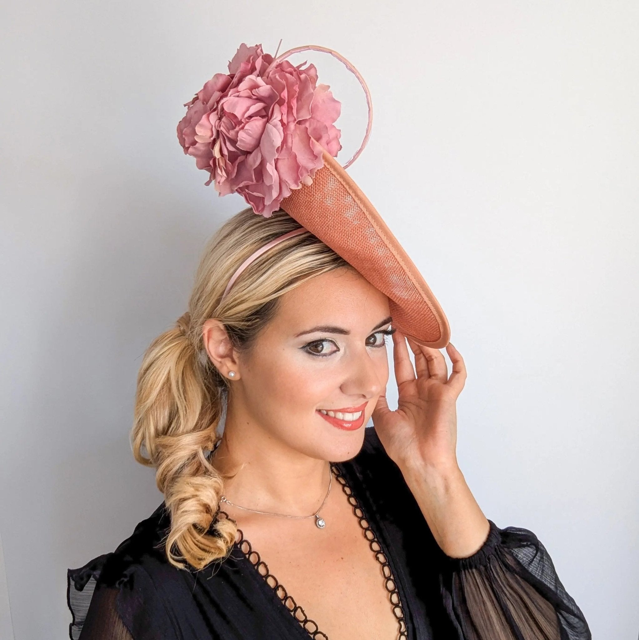 Terracotta dusty pink large flower saucer disc fascinator hat - House of Hats