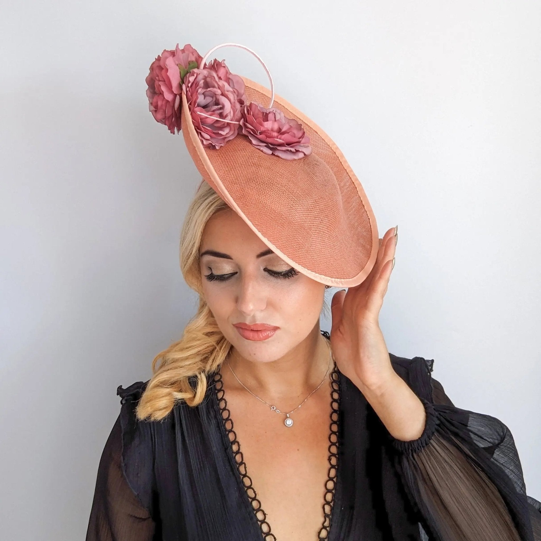 Terracotta dusty pink large flower saucer disc fascinator hat - House of Hats