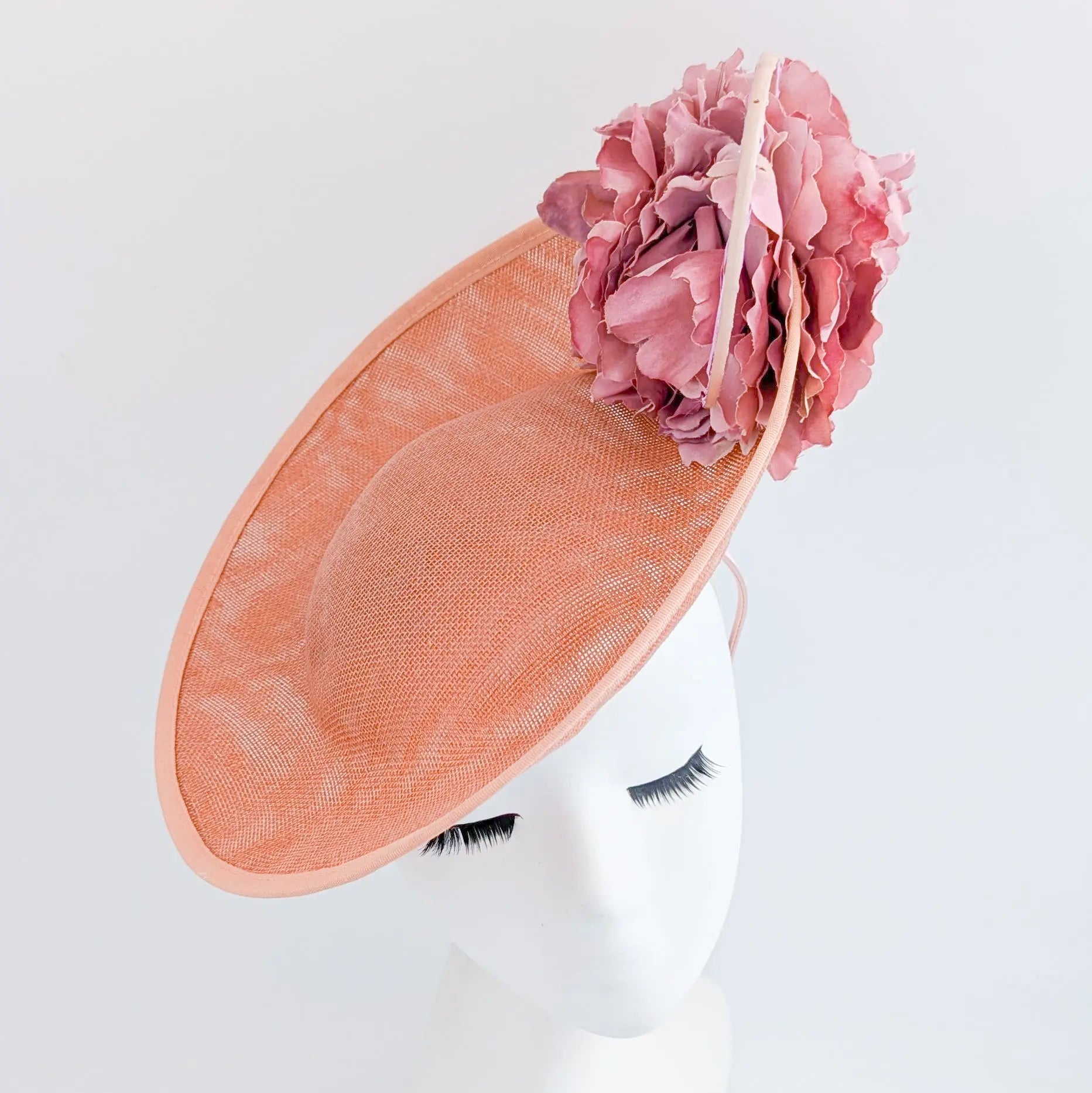 Terracotta dusty pink large flower saucer disc fascinator hat - House of Hats