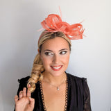 Watermelon coral crystal feather fascinator hat - House of Hats