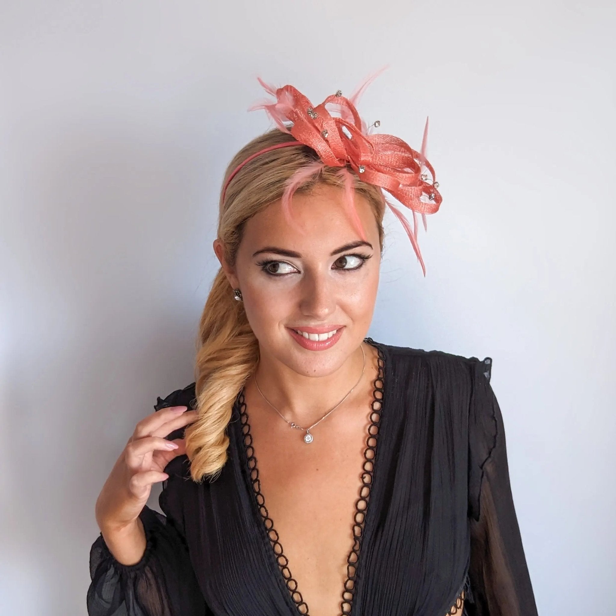 Watermelon coral crystal feather fascinator hat - House of Hats