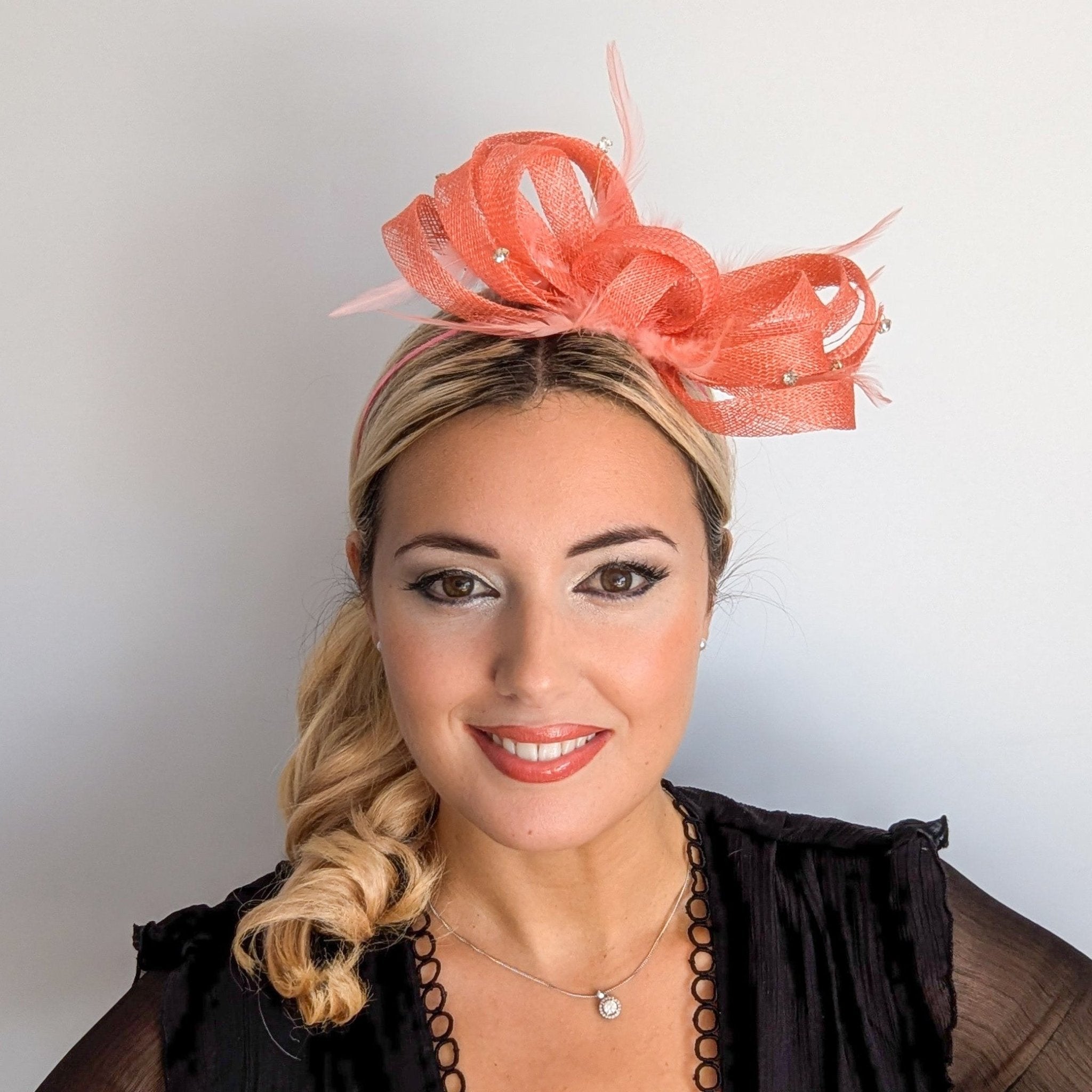 Watermelon coral crystal feather fascinator hat - House of Hats