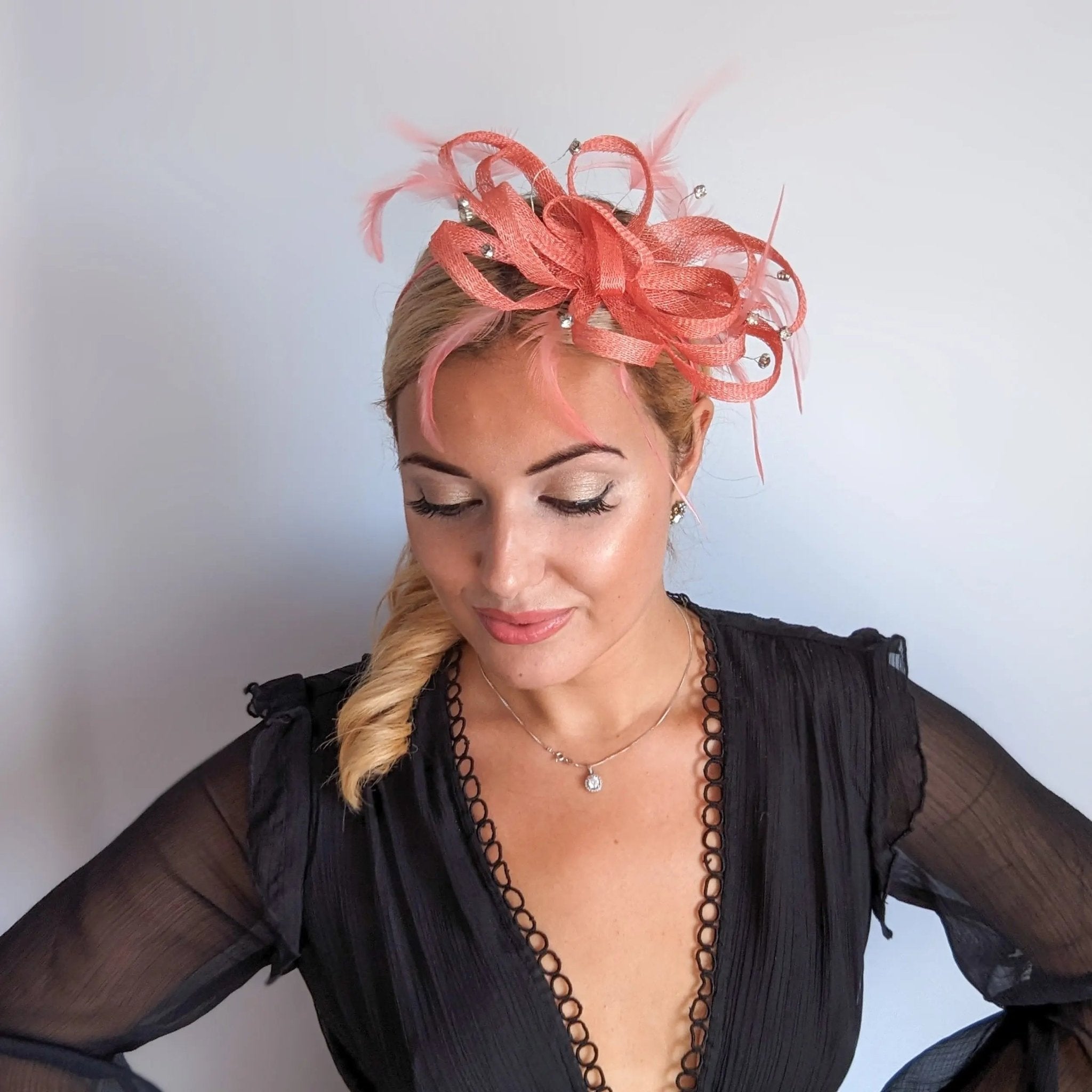 Watermelon coral crystal feather fascinator hat - House of Hats