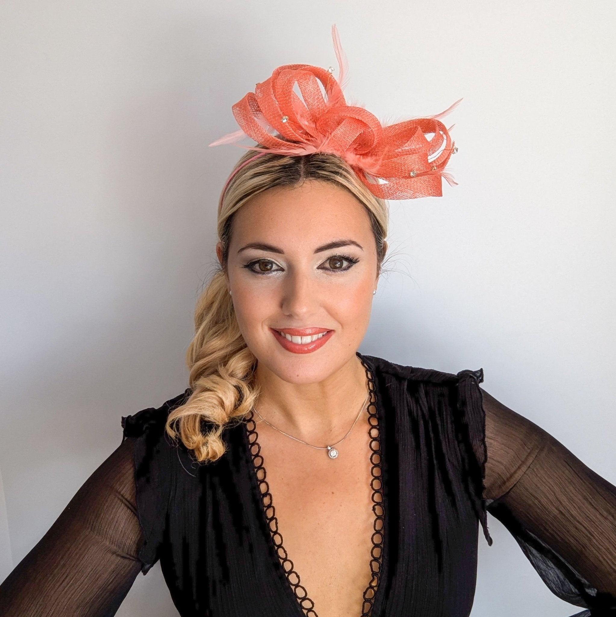 Watermelon coral crystal feather fascinator hat - House of Hats