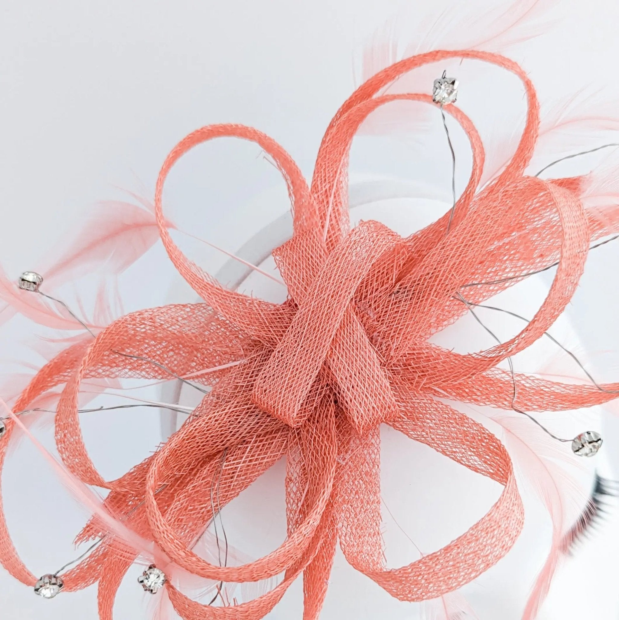 Watermelon coral crystal feather fascinator hat - House of Hats