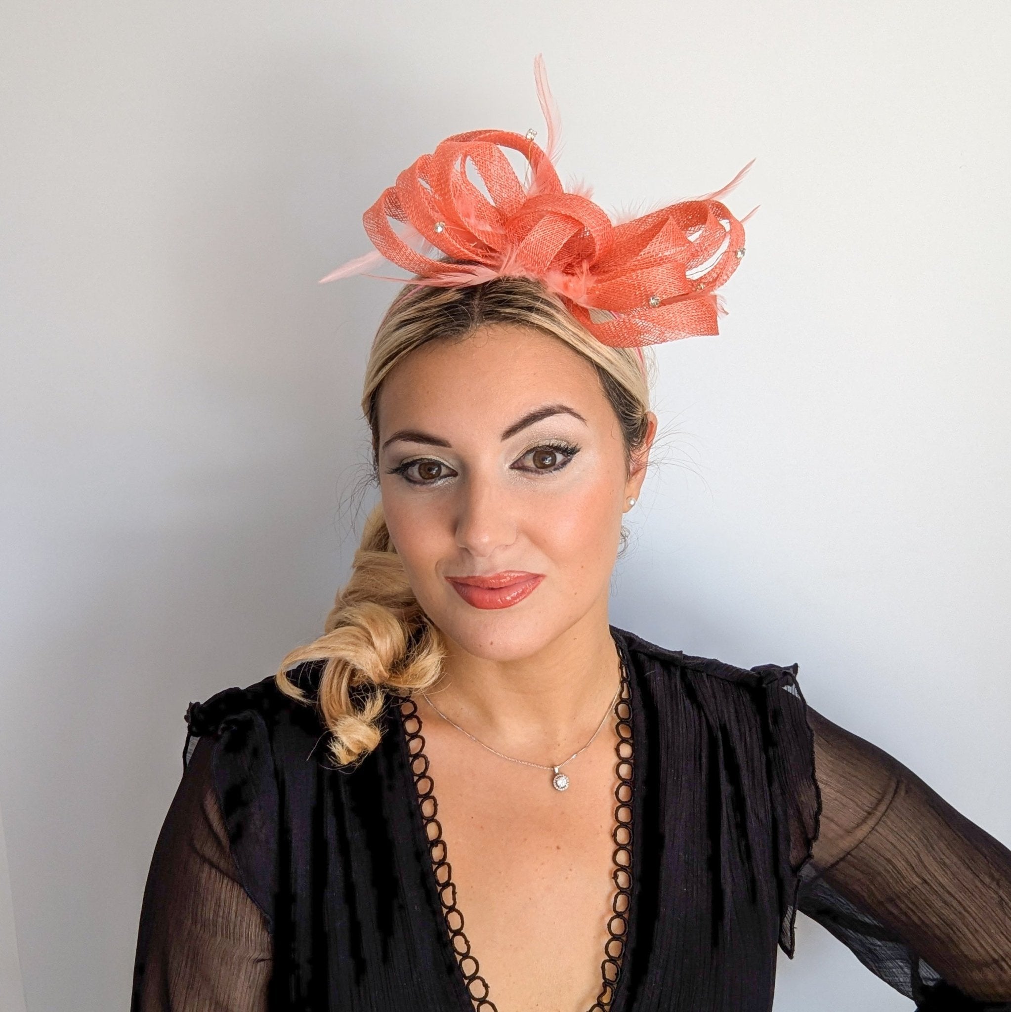 Watermelon coral crystal feather fascinator hat - House of Hats