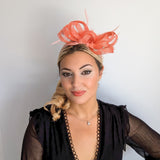 Watermelon coral crystal feather fascinator hat - House of Hats