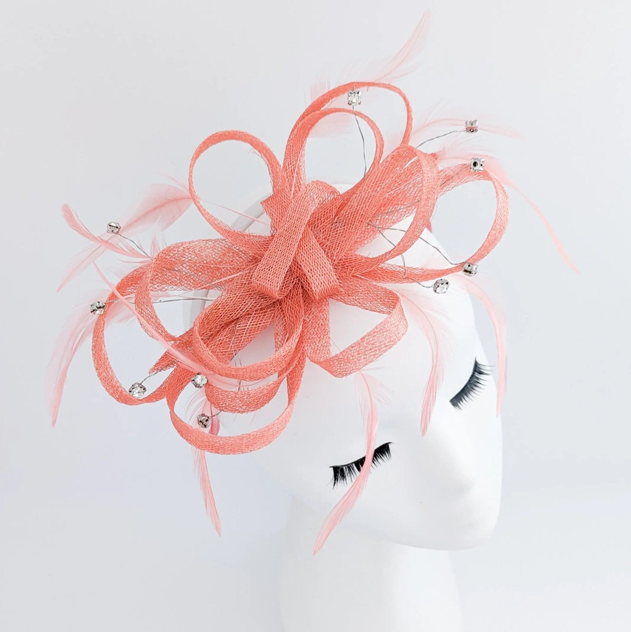 Watermelon coral crystal feather fascinator hat - House of Hats
