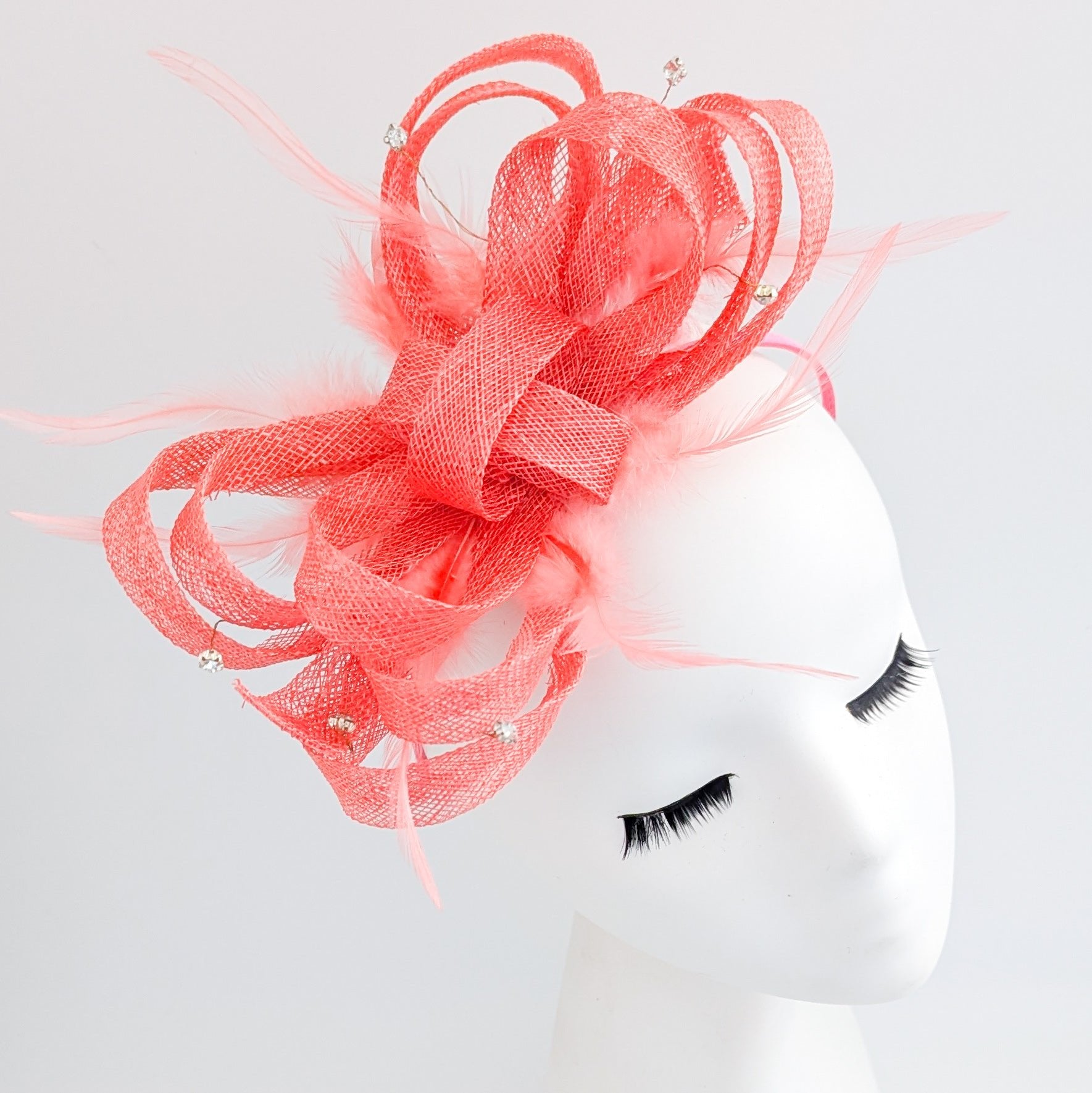 Watermelon coral crystal feather fascinator hat - House of Hats