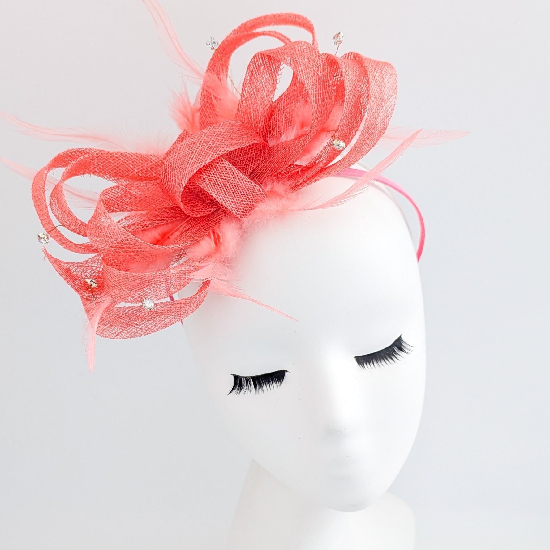 Watermelon coral crystal feather fascinator hat - House of Hats