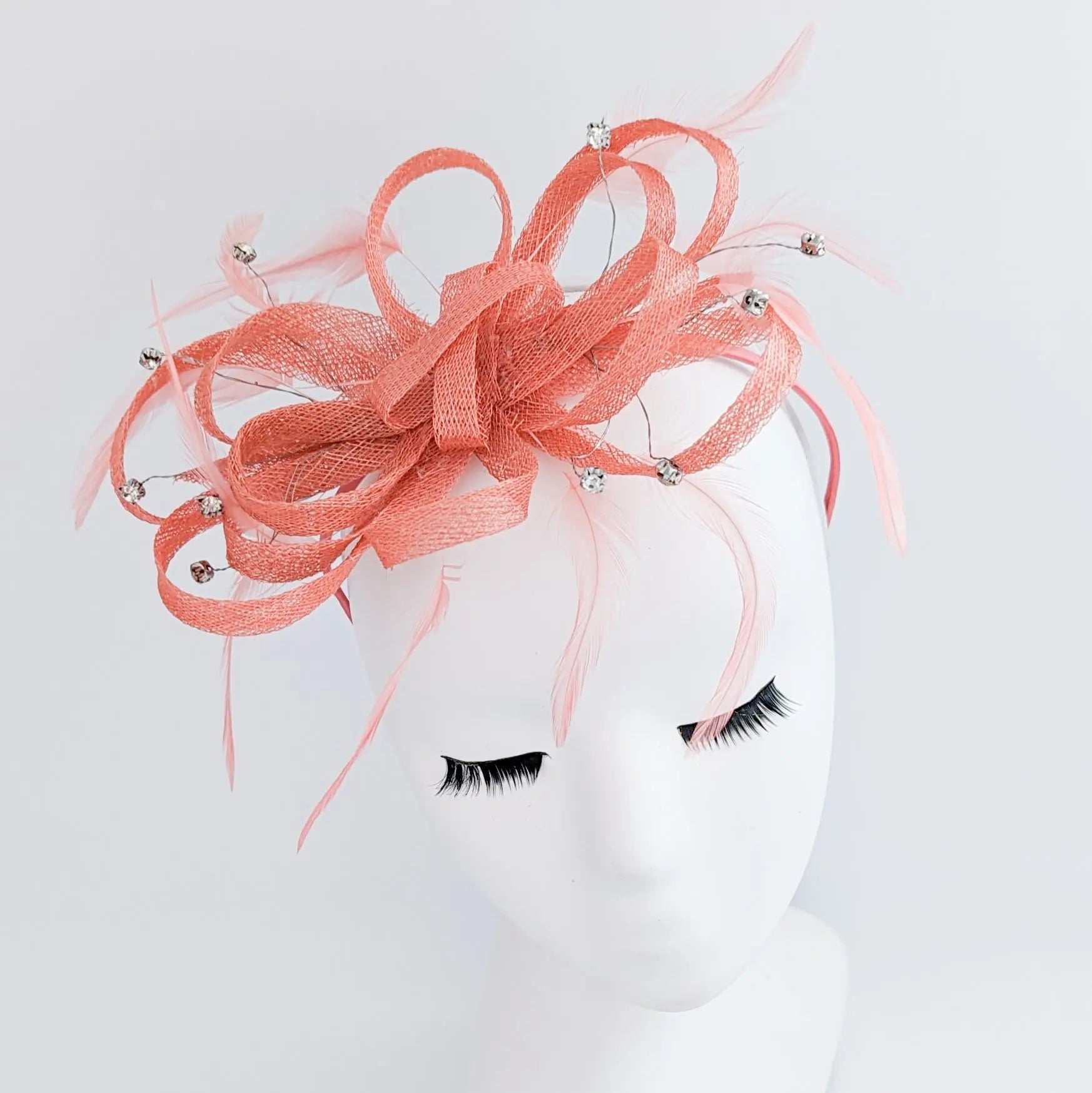 Watermelon coral crystal feather fascinator hat - House of Hats