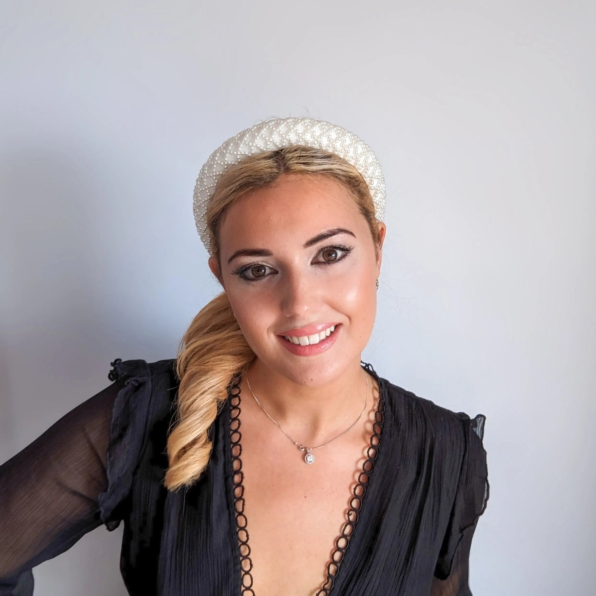 White beaded pearl padded headband fascinator - House of Hats