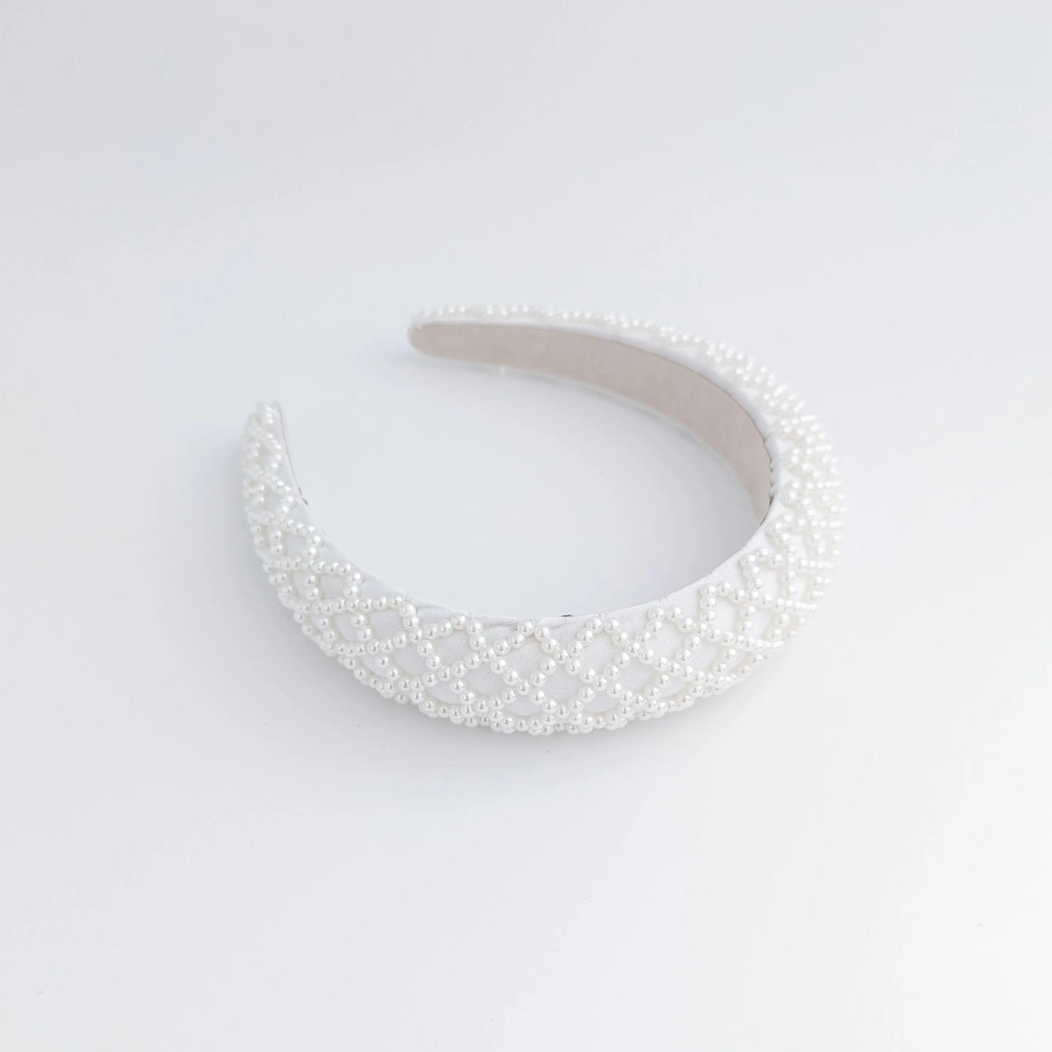 White beaded pearl padded headband fascinator - House of Hats