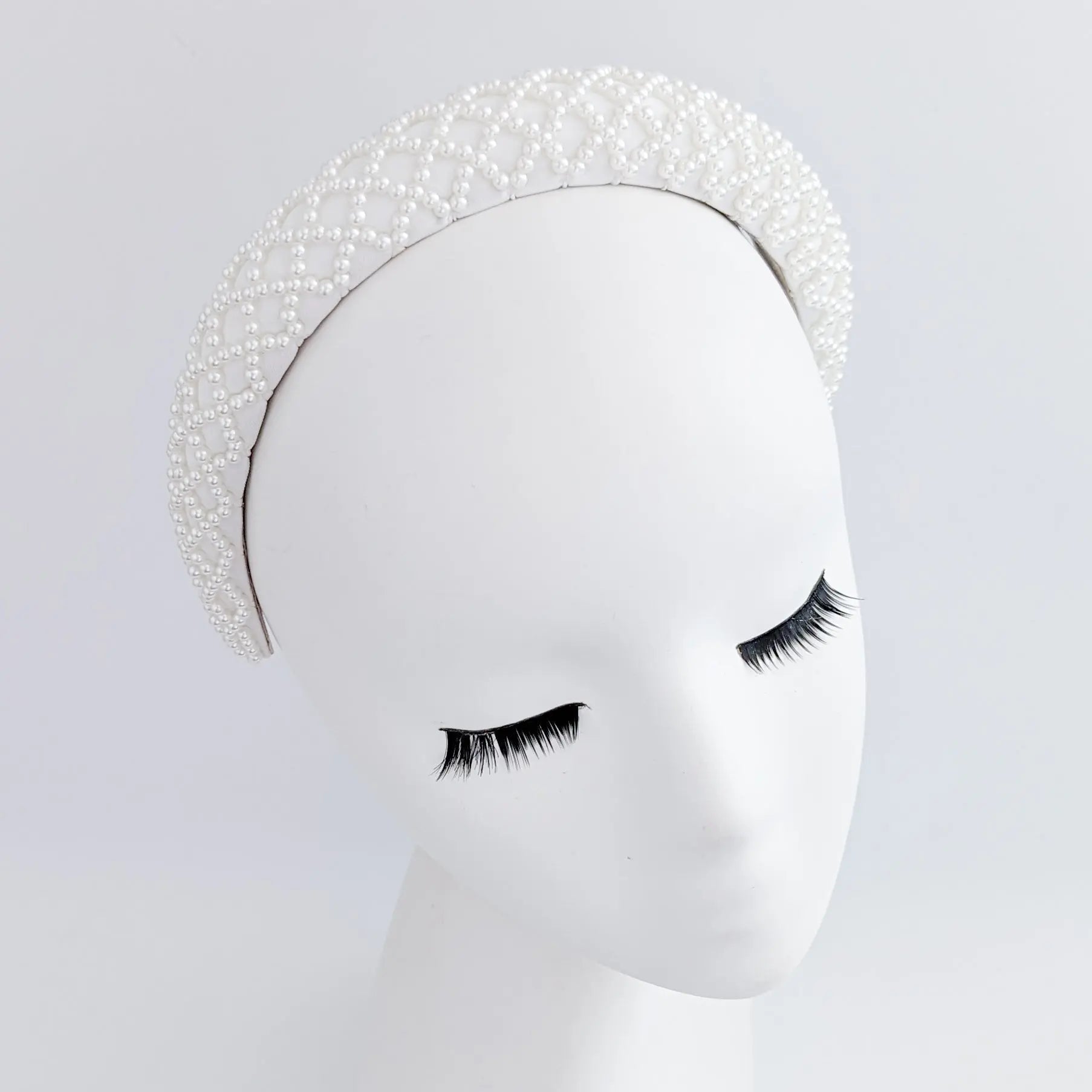 White beaded pearl padded headband fascinator - House of Hats