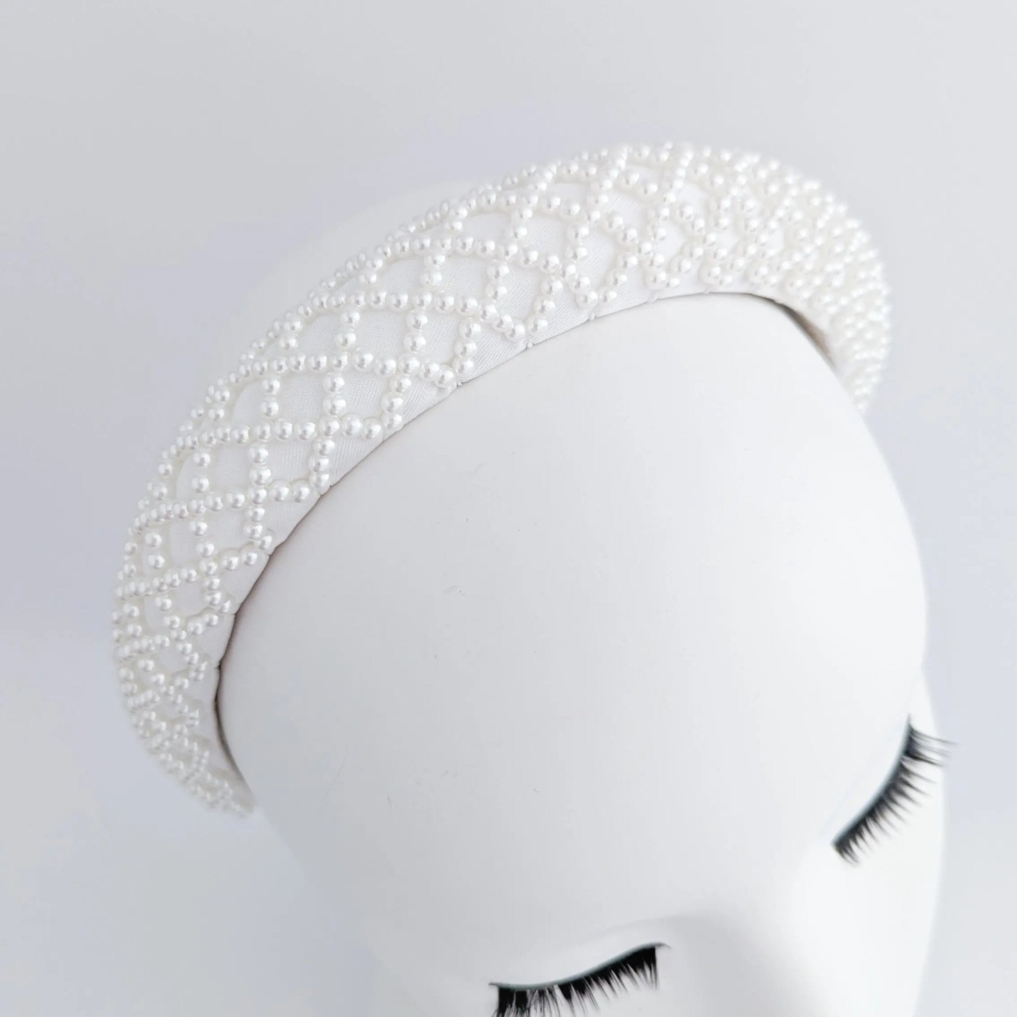 White beaded pearl padded headband fascinator - House of Hats