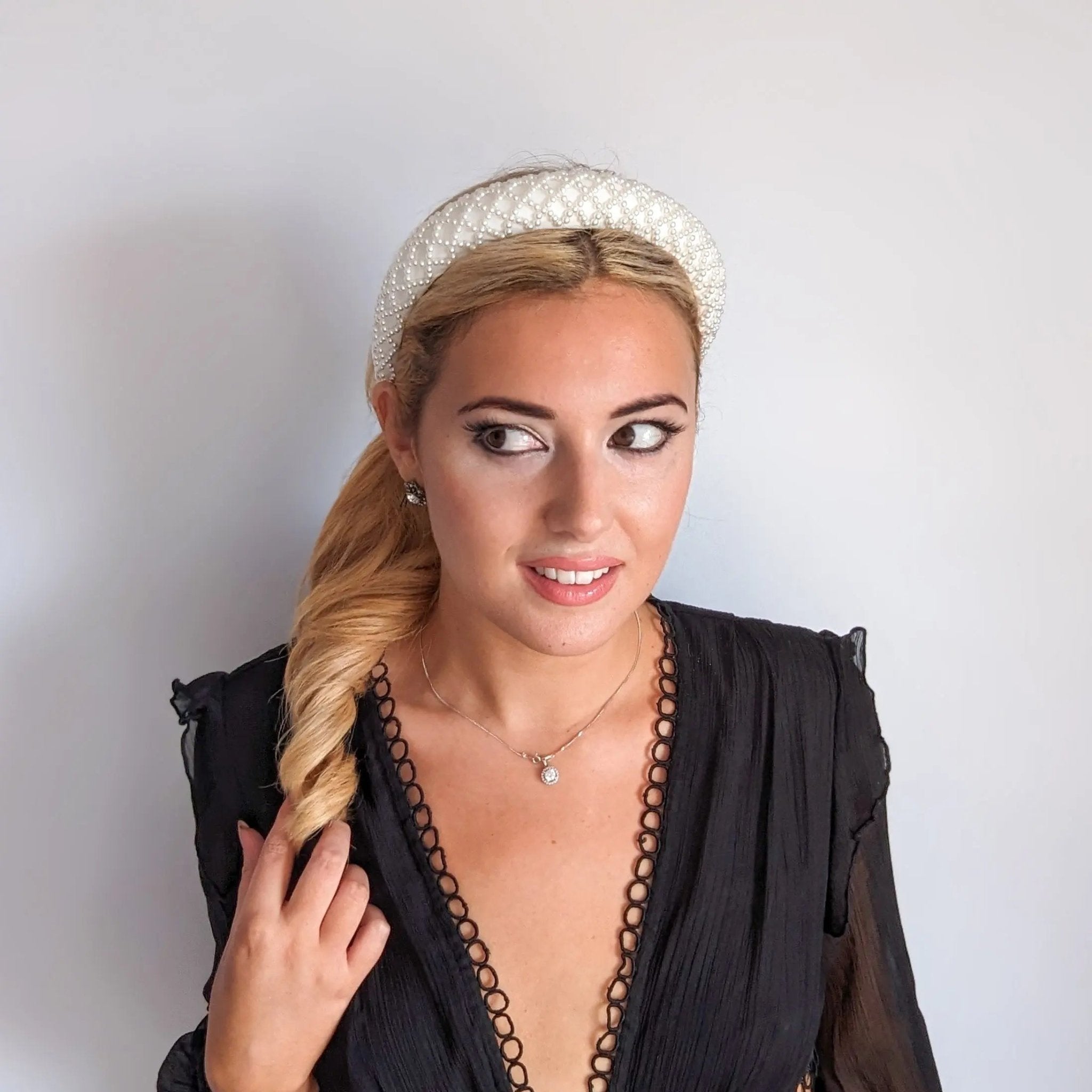 White beaded pearl padded headband fascinator - House of Hats