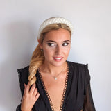 White beaded pearl padded headband fascinator - House of Hats