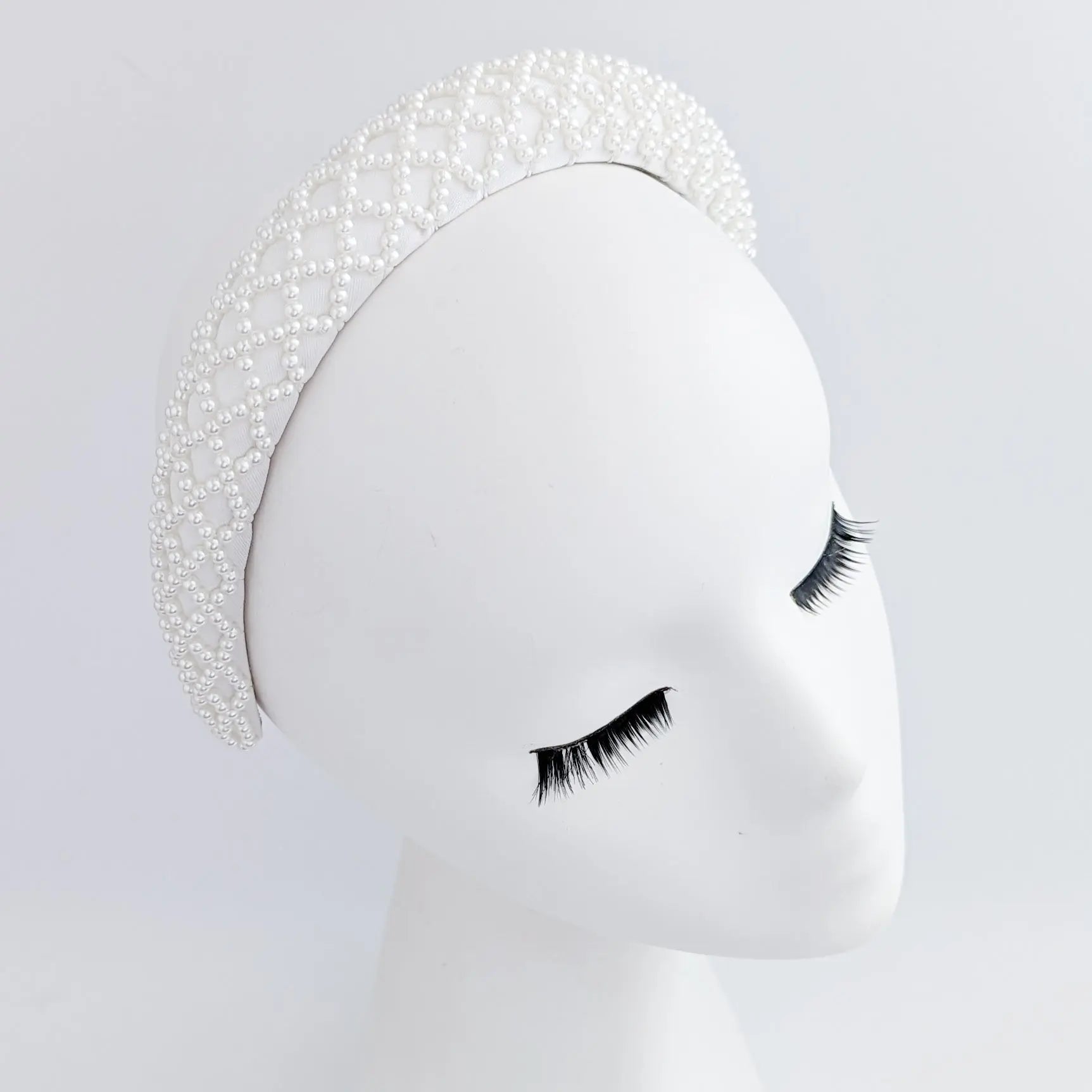 White beaded pearl padded headband fascinator - House of Hats