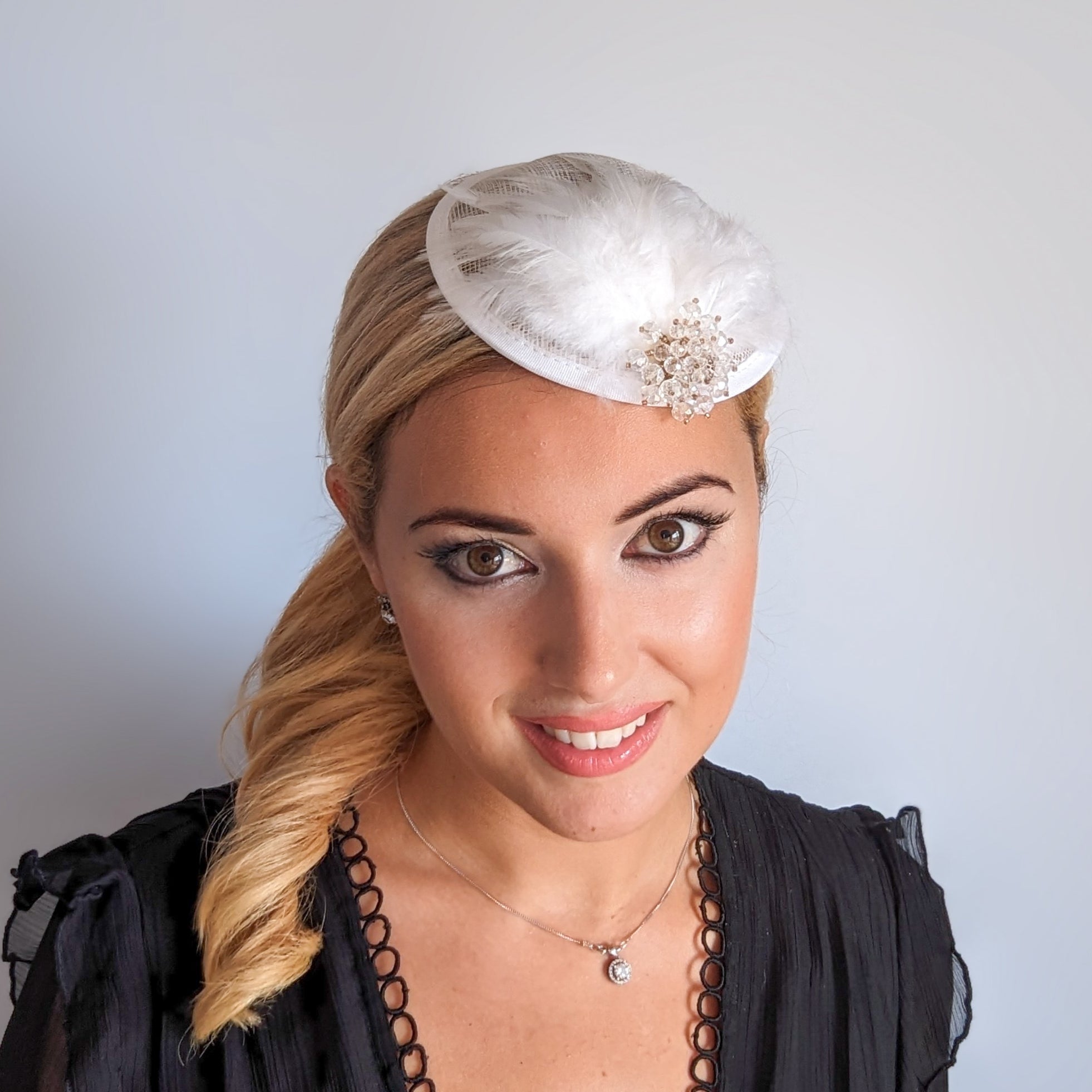 White crystal feather small fascinator wedding hat - House of Hats