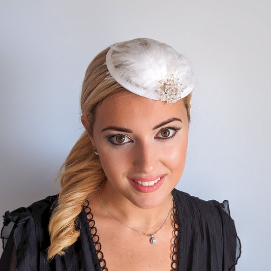 White crystal feather small fascinator wedding hat - House of Hats