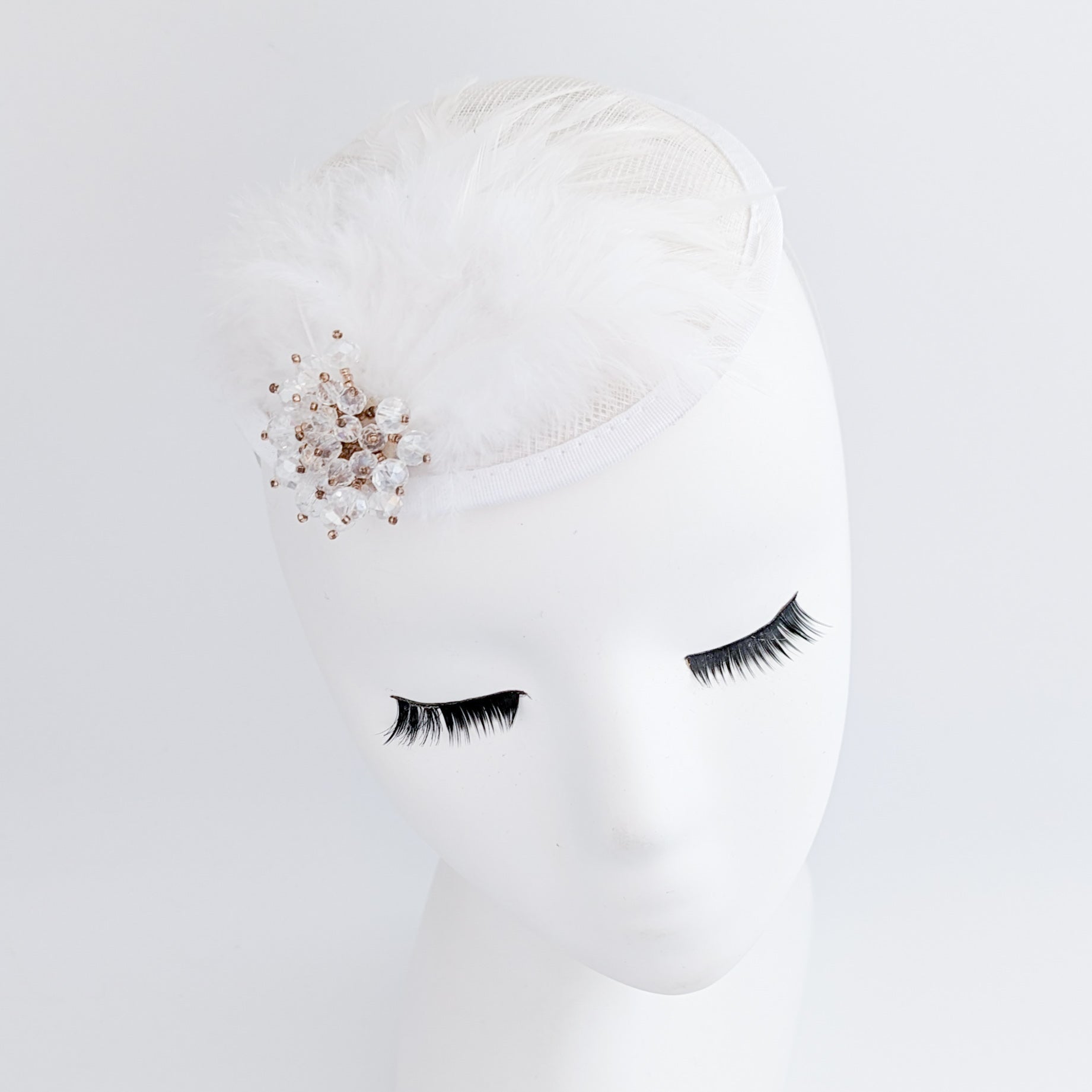 White crystal feather small fascinator wedding hat - House of Hats