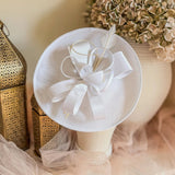 White Disc Fascinator Hat with Feather - House of Hats