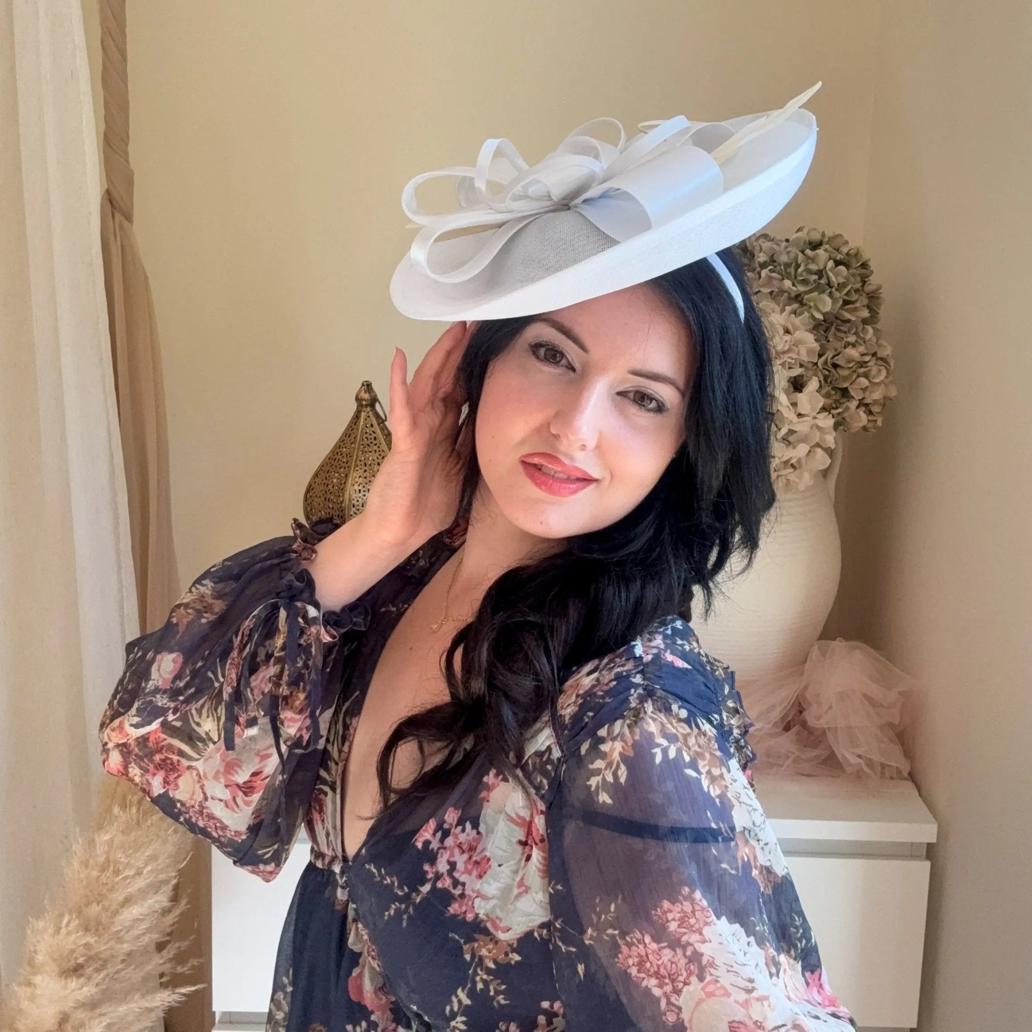 White Disc Fascinator Hat with Feather - House of Hats