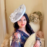 White Disc Fascinator Hat with Feather - House of Hats