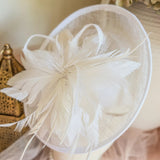 White disc fascinator hat with feathers - House of Hats