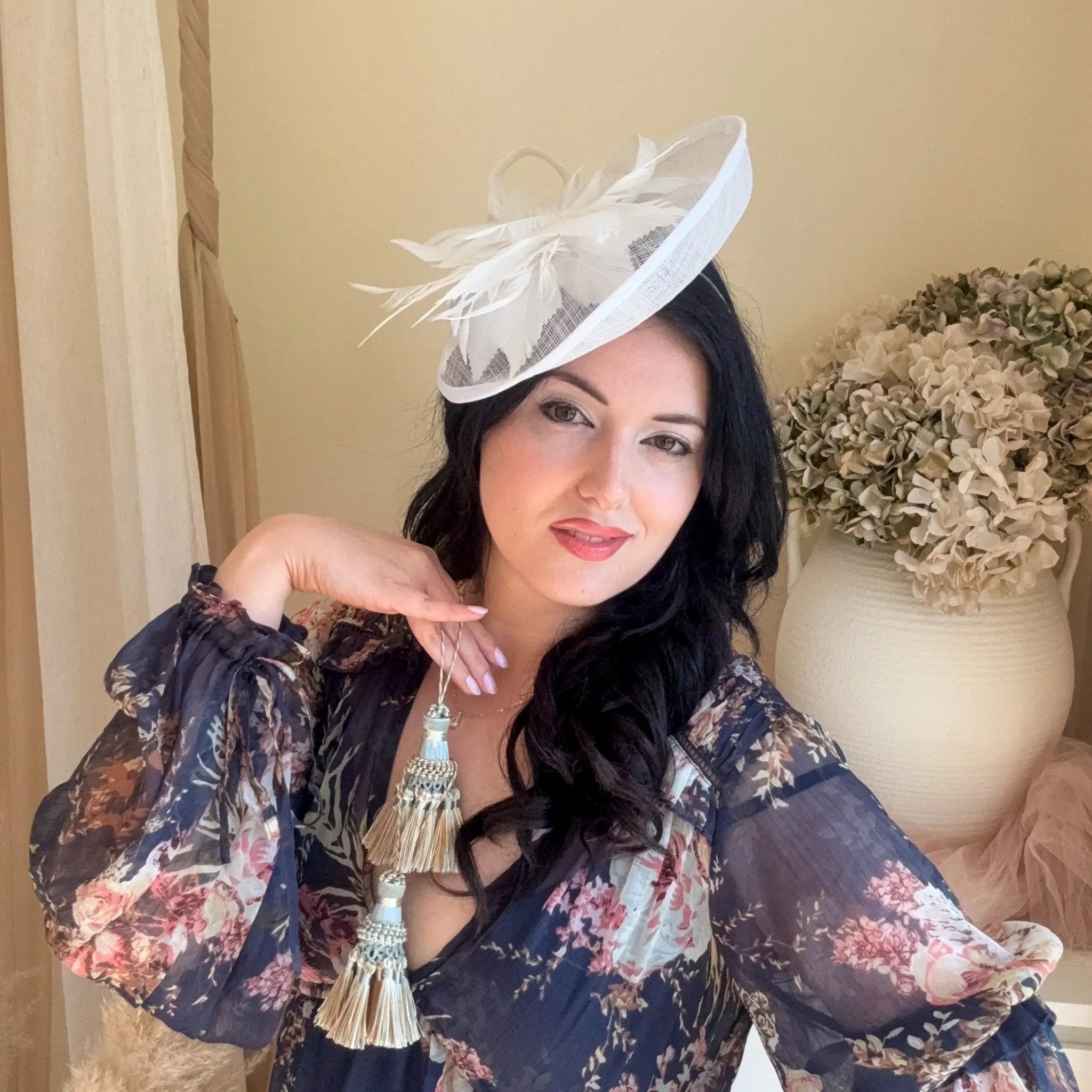 White disc fascinator hat with feathers - House of Hats