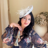 White disc fascinator hat with feathers - House of Hats