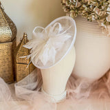 White disc fascinator hat with feathers - House of Hats