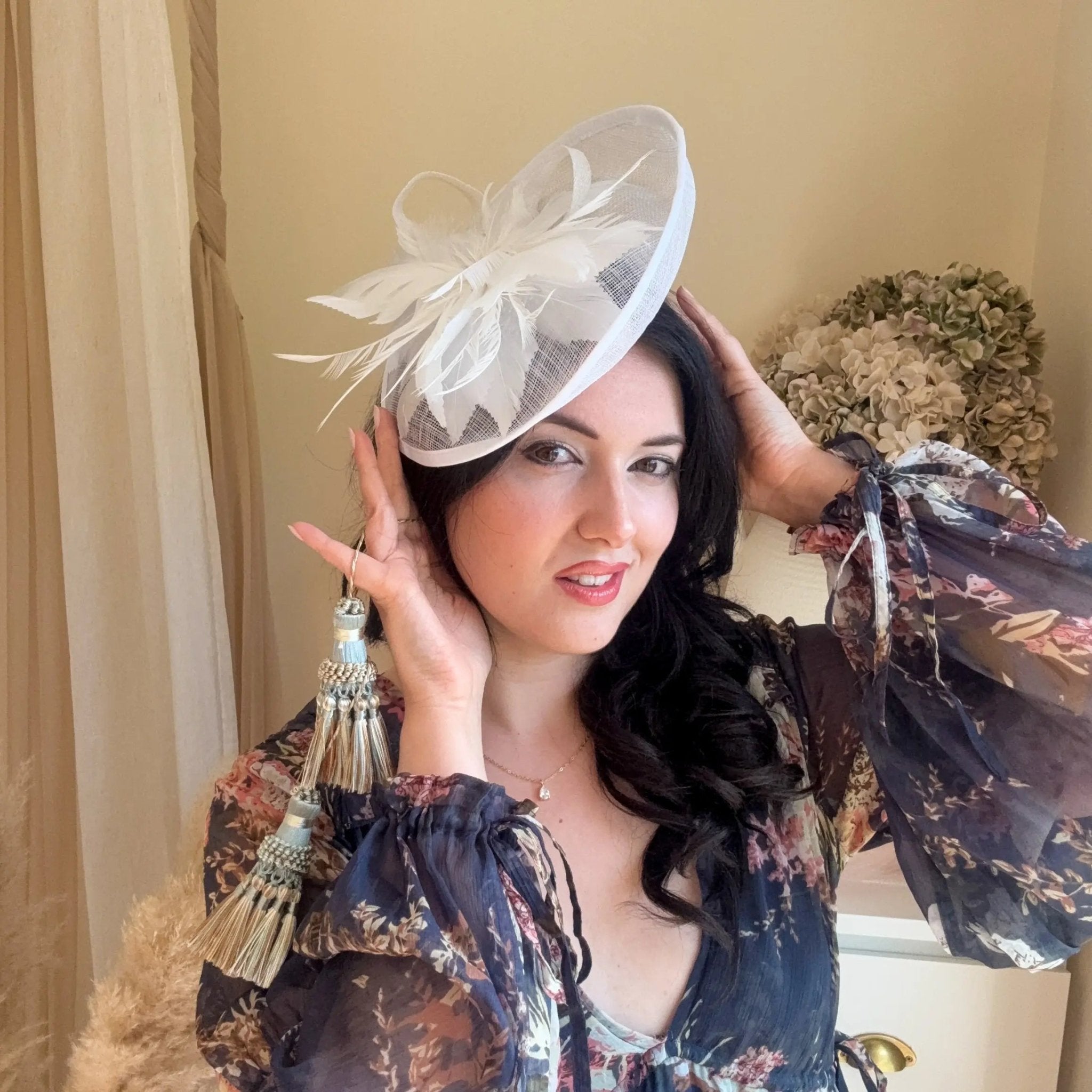 White disc fascinator hat with feathers - House of Hats