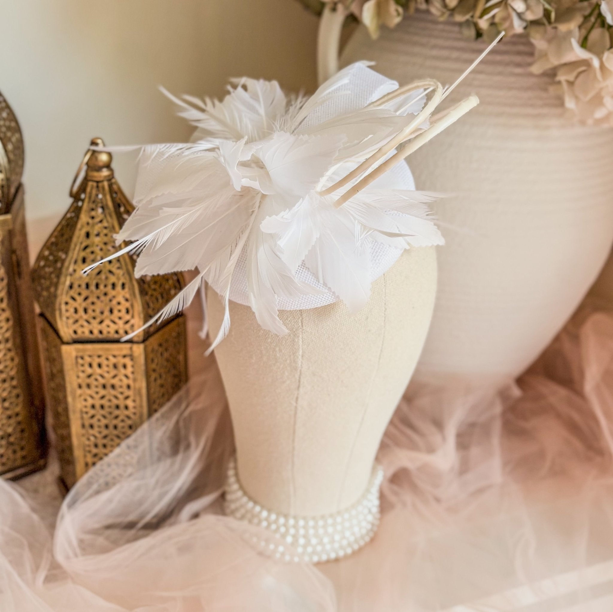 White Fascinator Hat with Feathers, Sinamay Loops & Curled Quills - House of Hats