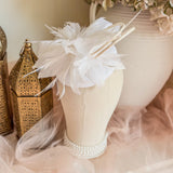 White Fascinator Hat with Feathers, Sinamay Loops & Curled Quills - House of Hats
